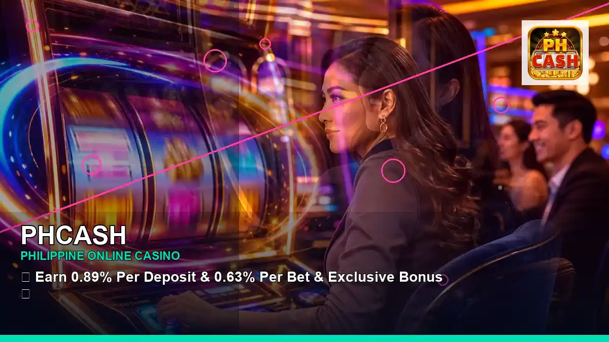 PHCASH neon jackpot slot games featuring an adult Filipina casino host with a left-diagonal composition