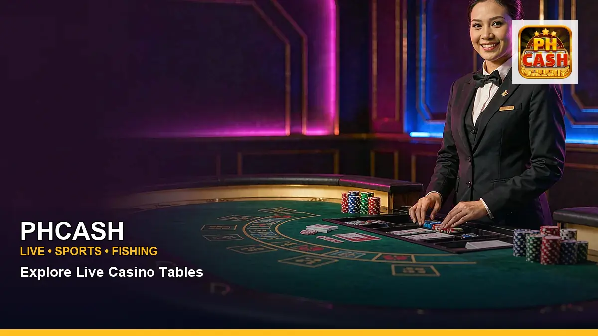 PHCASH high-energy live casino table games in a left-framed layout for Philippine players